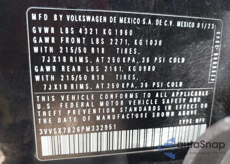 2023 Volkswagen Taos 1.5T Se from USA, damaged, VIN 3VVSX7B26PM332951